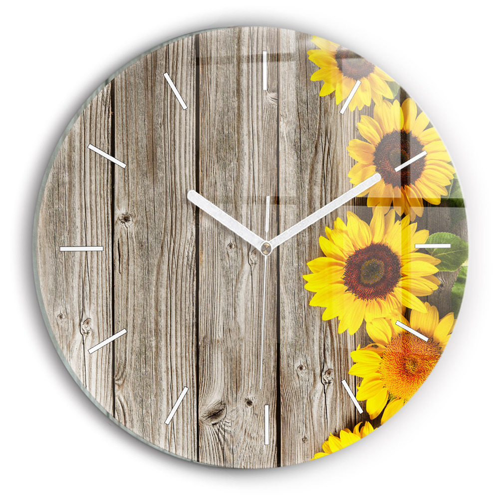 Nástěnné hodiny skleněné kulaté Slunečnice na prknech
